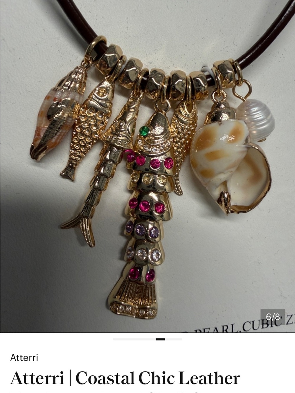 Atterri Coastal Chic Leather Necklace - Brown with Gold & Pearl Accents - Picture 4 of 13